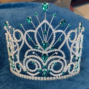 Rhinestone large crown tiara crystal 6” green prom